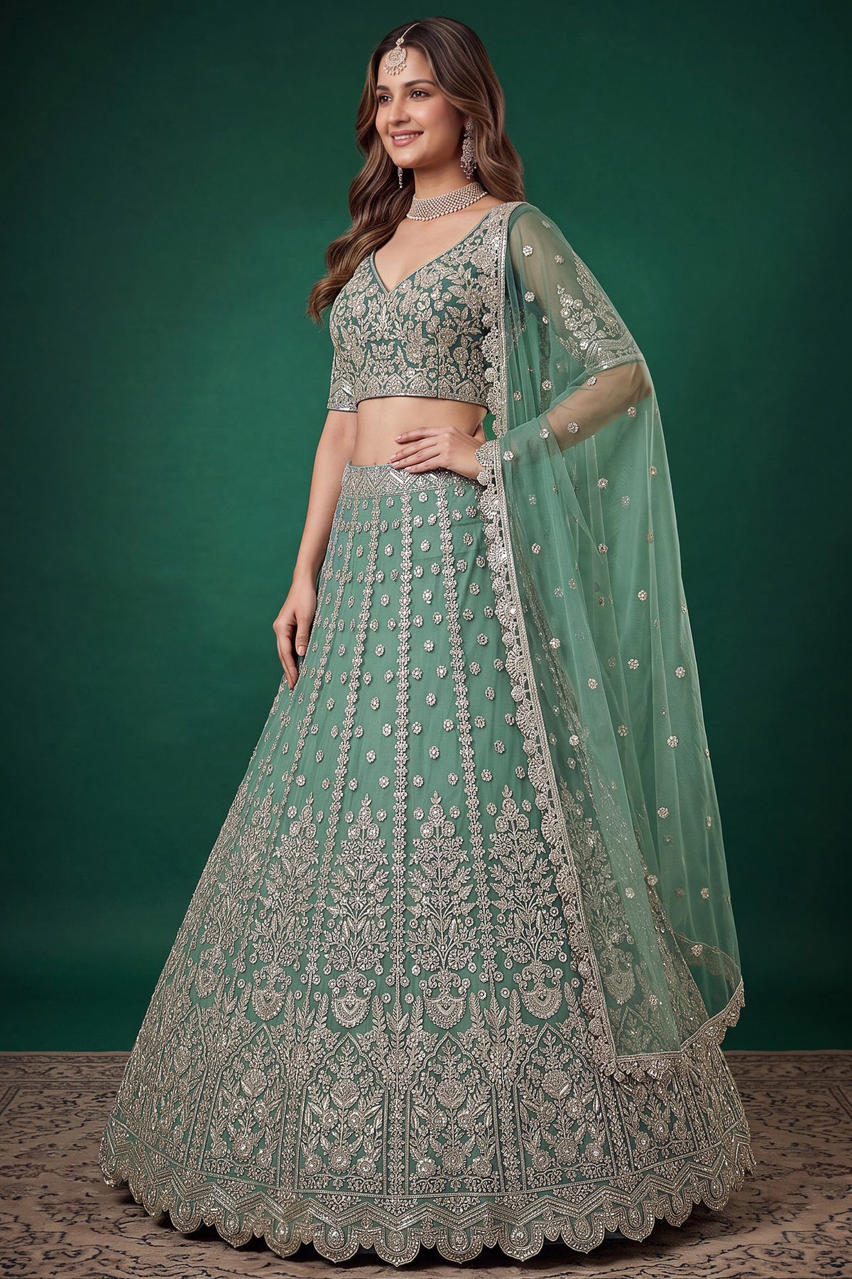 Pistachio green lehengha choli side view with dupatta