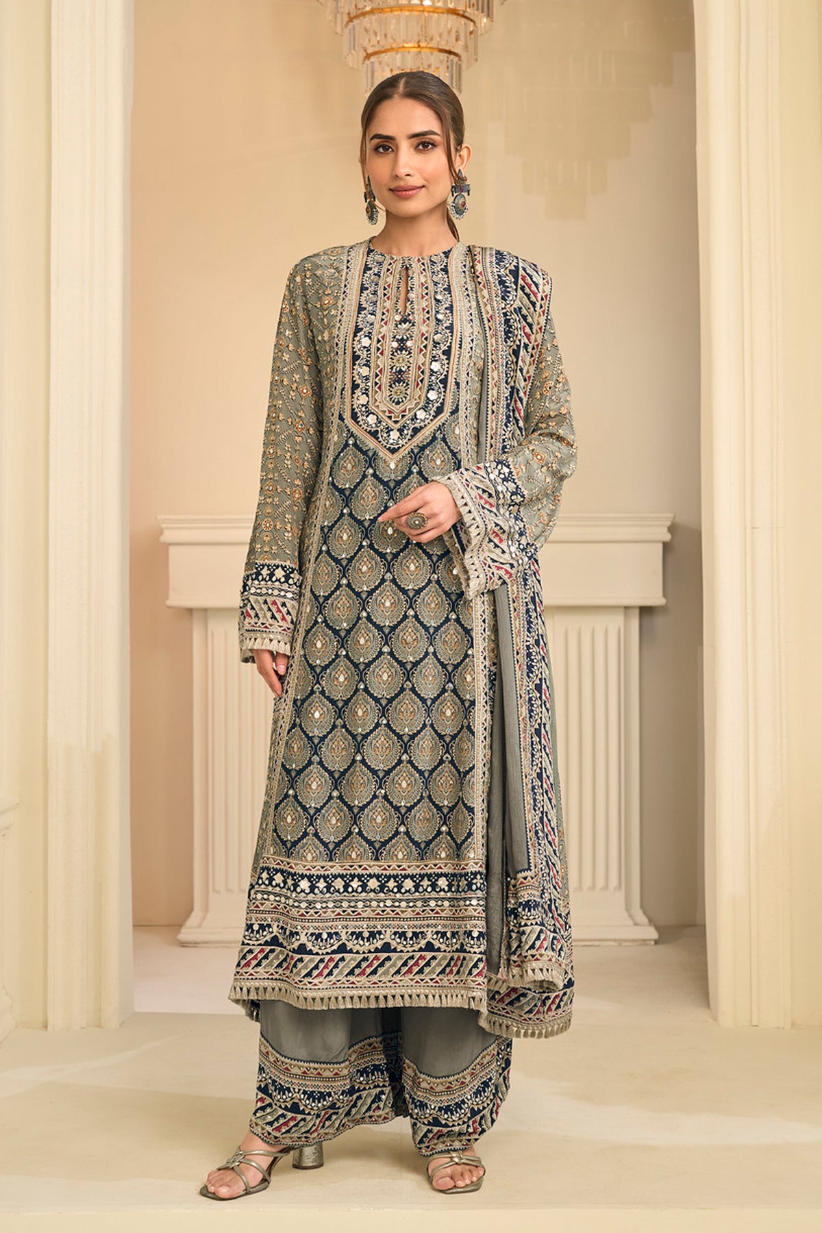 Front view of a pistachio green ethnic palazzo outfit