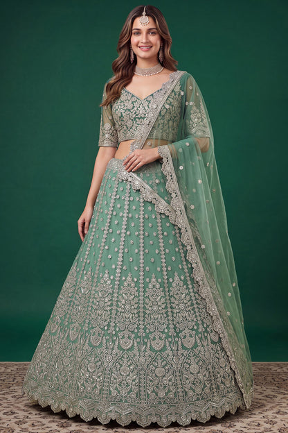 Pistachio green wedding lehenga, front view
