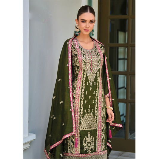 Wedding Party Wear Salwar Kameez Palazzo Suit Mehendi Function Wear Green Color Designer Suits