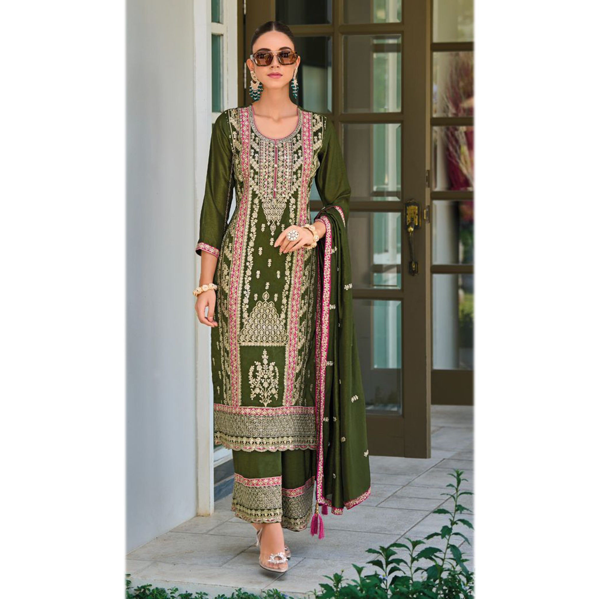 Wedding Party Wear Salwar Kameez Palazzo Suit Mehendi Function Wear Green Color Designer Suits