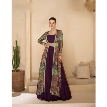 Navaratri Special Bollywood Designer Embroidery Work Shrug Style Anarkali Gown Suit