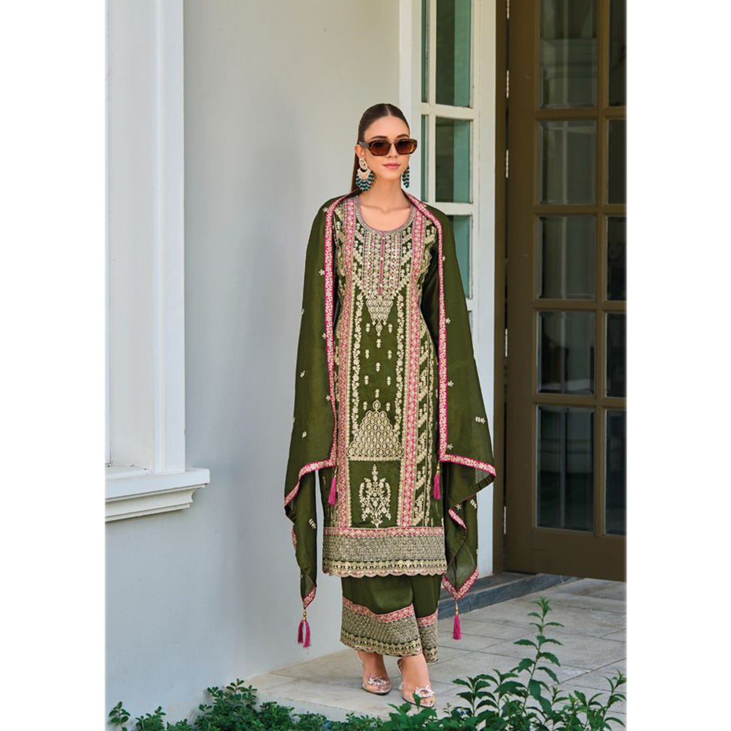 Wedding Party Wear Salwar Kameez Palazzo Suit Mehendi Function Wear Green Color Designer Suits