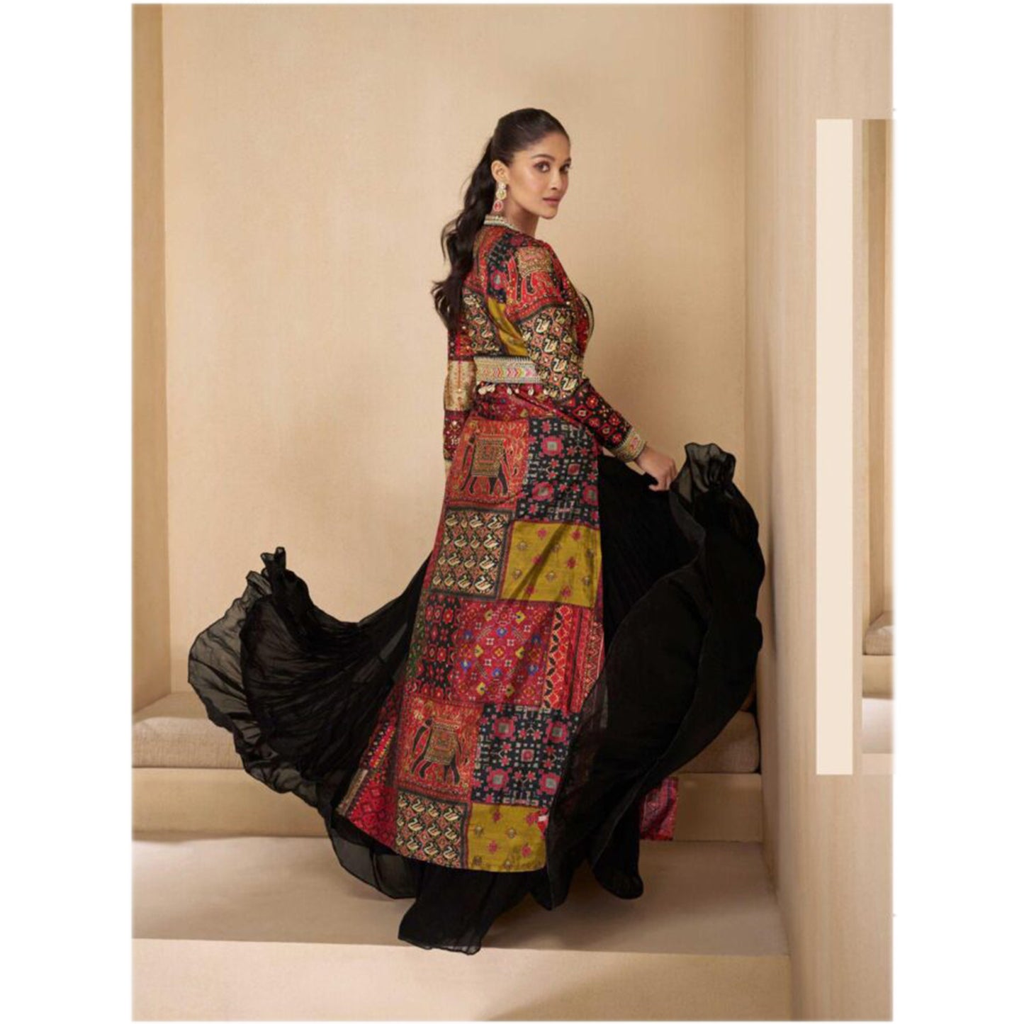 Navaratri Special Bollywood Designer Embroidery Work Shrug Style Anarkali Gown Suit