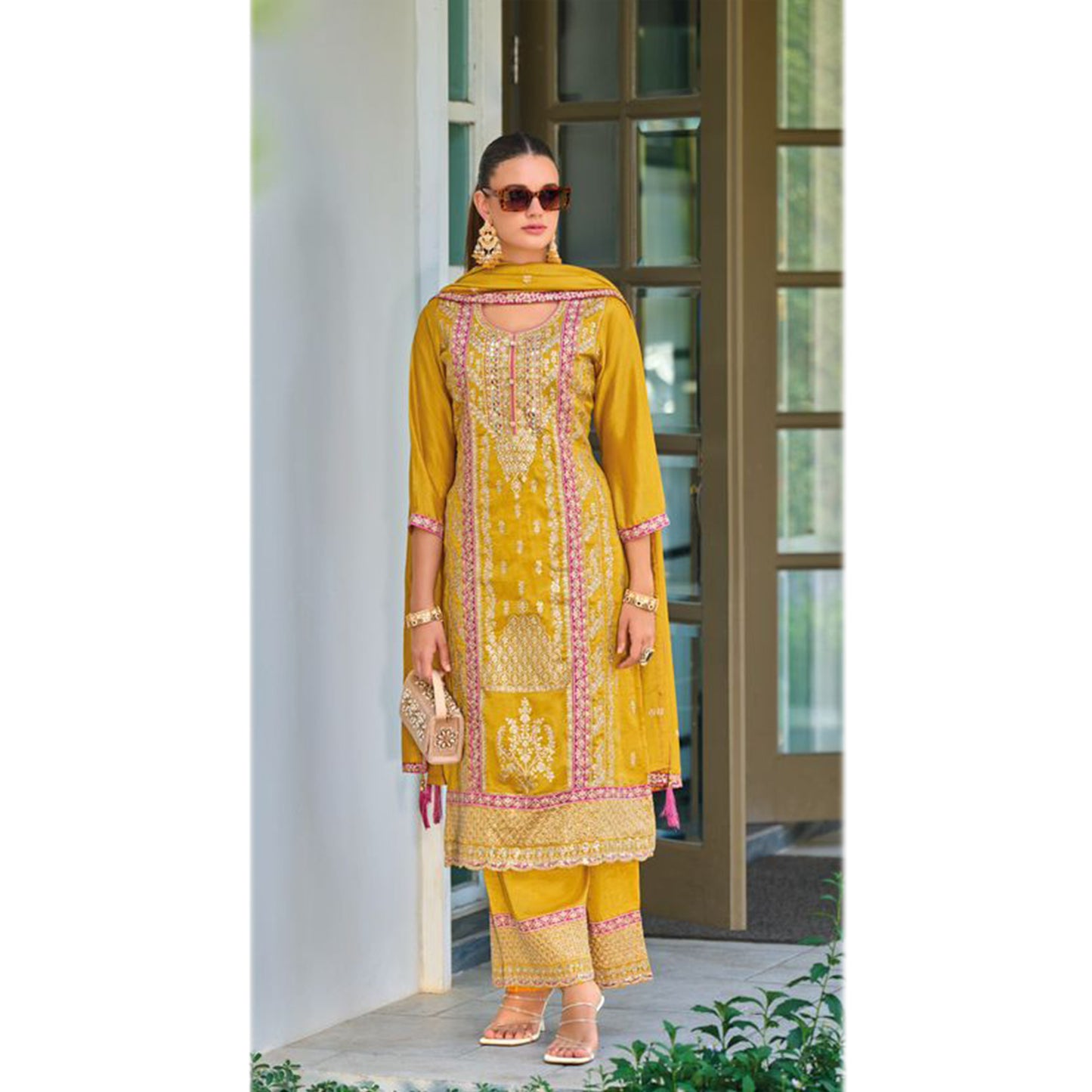 Wedding Party Wear Salwar Kameez Palazzo Suit Mehendi Function Wear Green Color Designer Suits