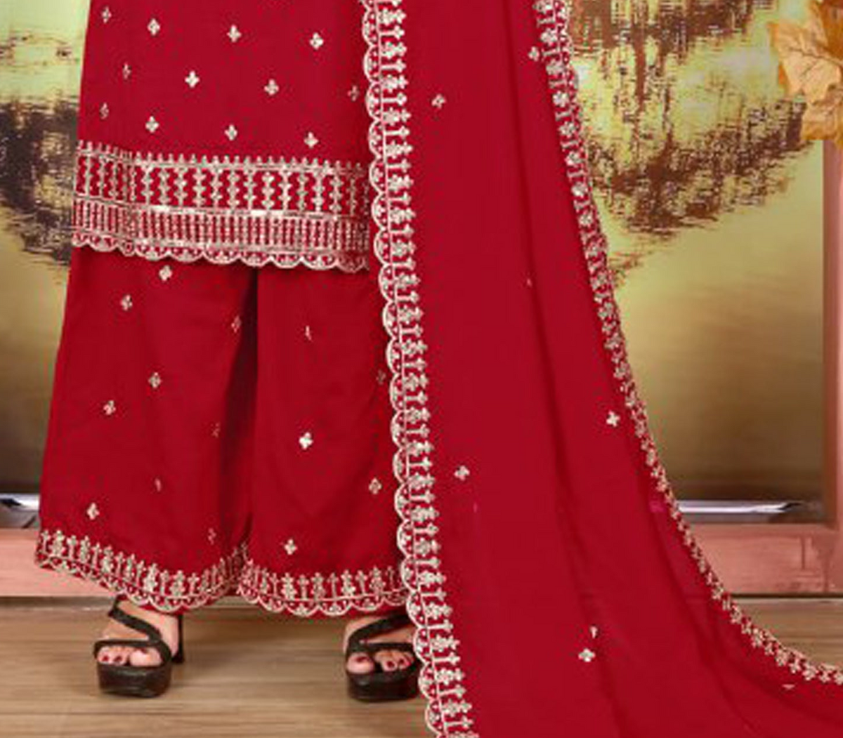 Plazzo bottom and embroidered top full outfit view