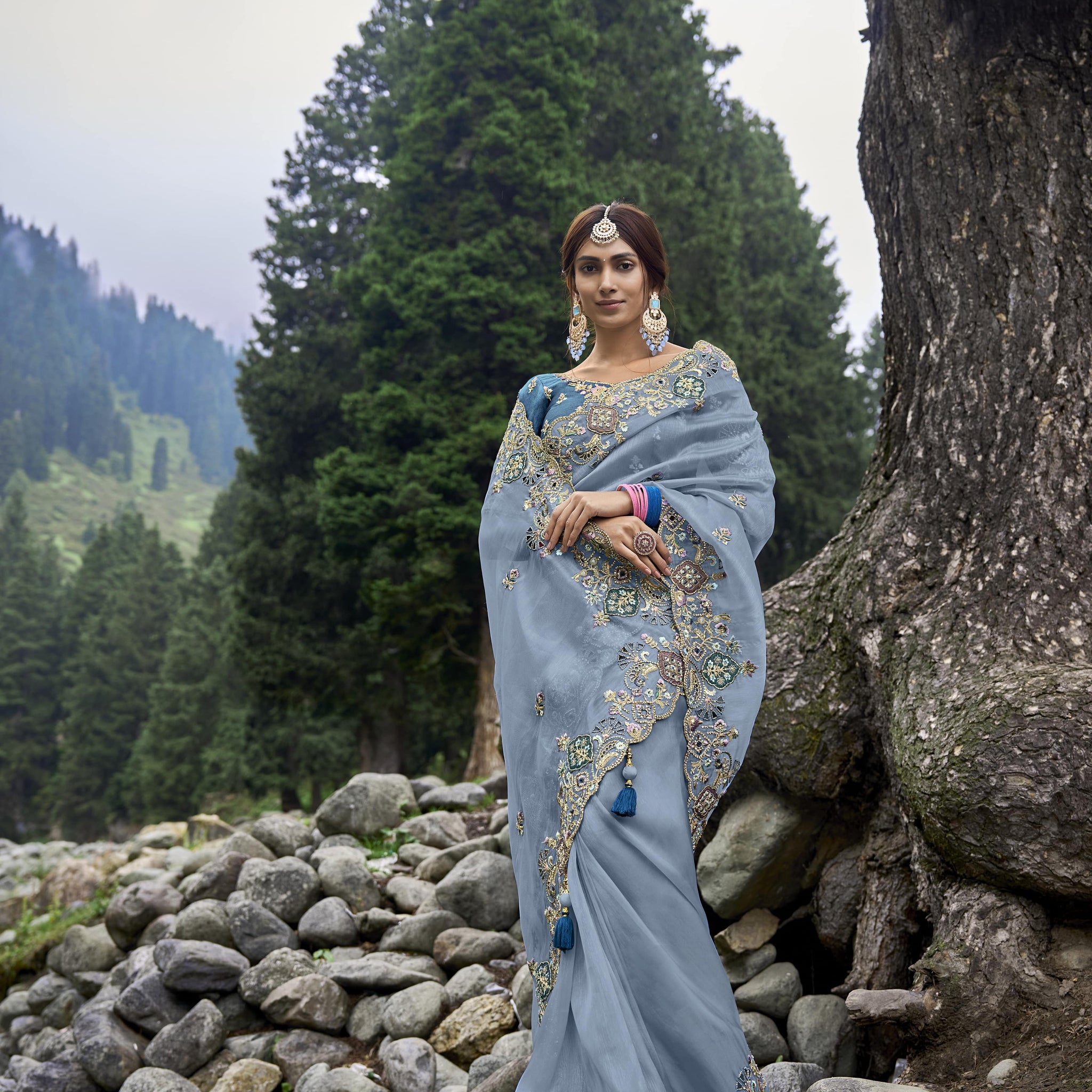 Amazing Powder Blue Color Embroidery Fabric Festival Wear Saree With Blouse