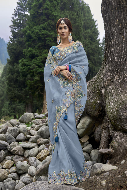 Amazing Powder Blue Color Embroidery Fabric Festival Wear Saree With Blouse