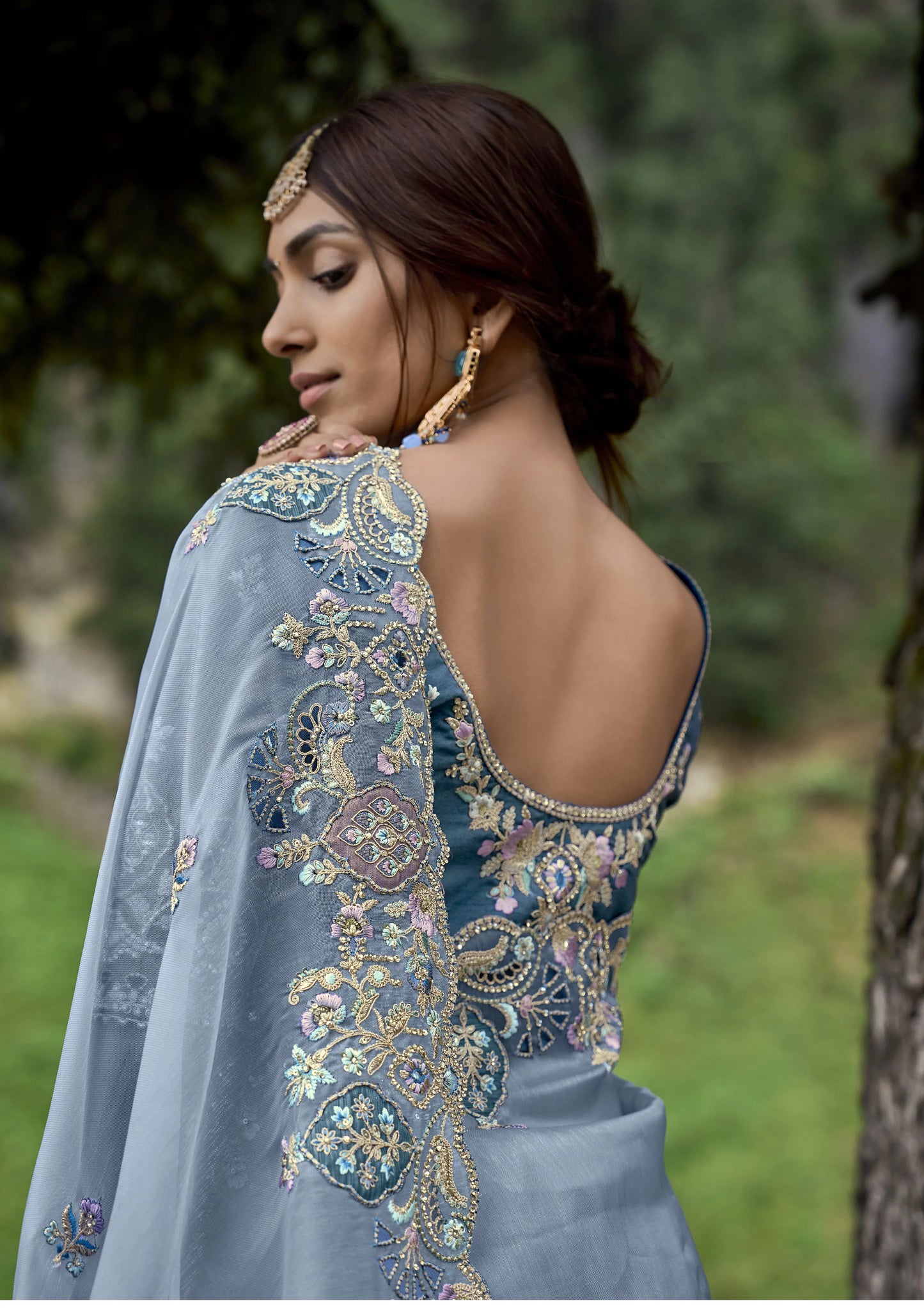 Amazing Powder Blue Color Embroidery Fabric Festival Wear Saree With Blouse