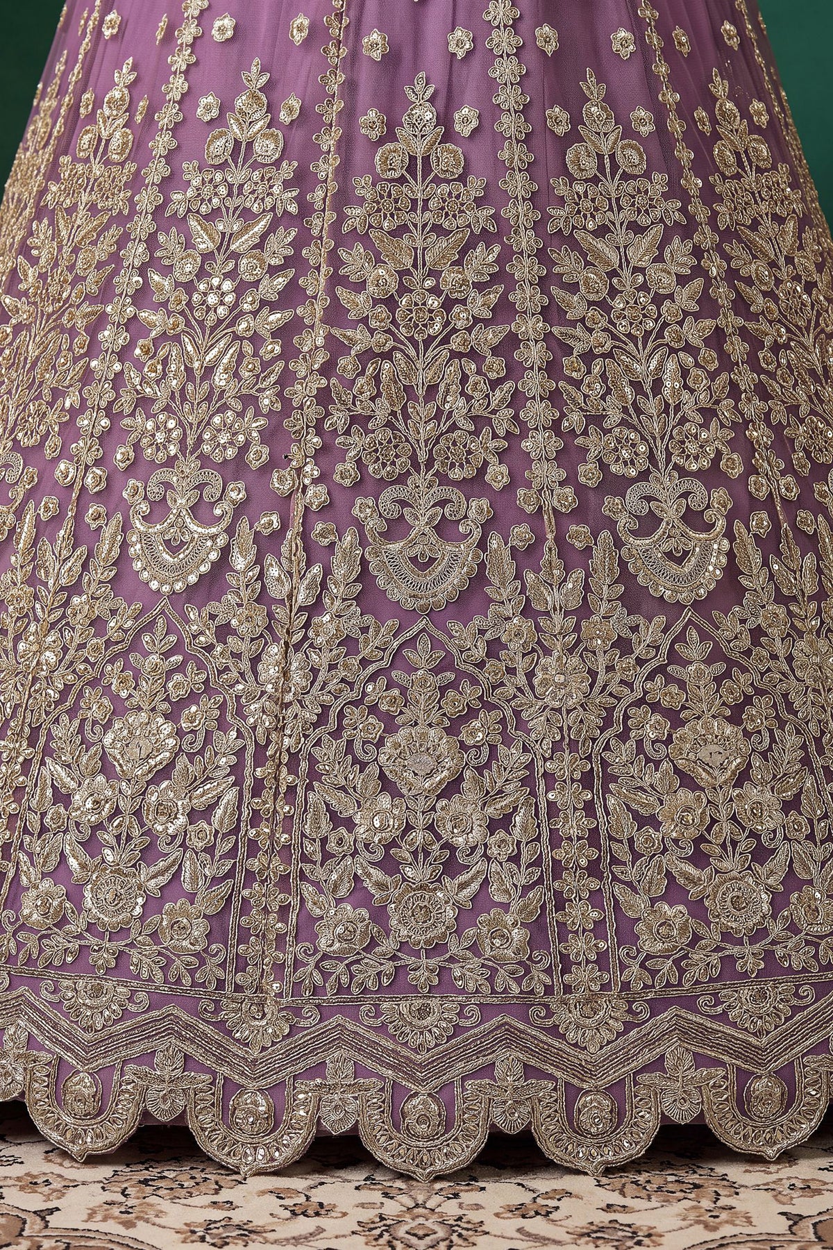 Purple blouse embroidery detail with zari dori and sequence work