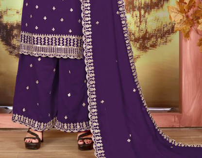 Purple embroidery worked plazzo dress with matching dupatta