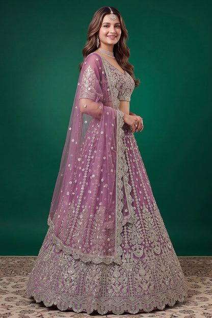 Purple ghagra choli side view with Soft Net dupatta