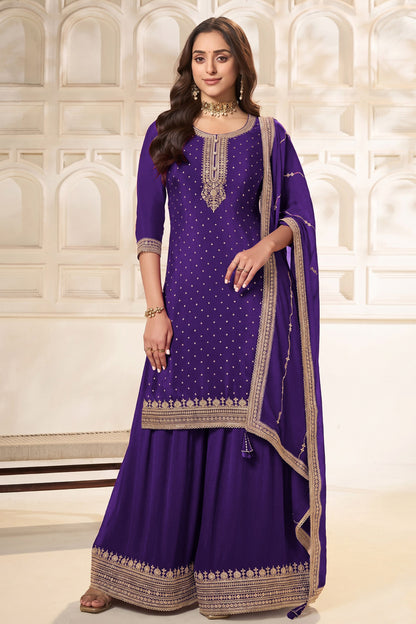 Purple indian palazzo outfit with sequence embroidery, front view