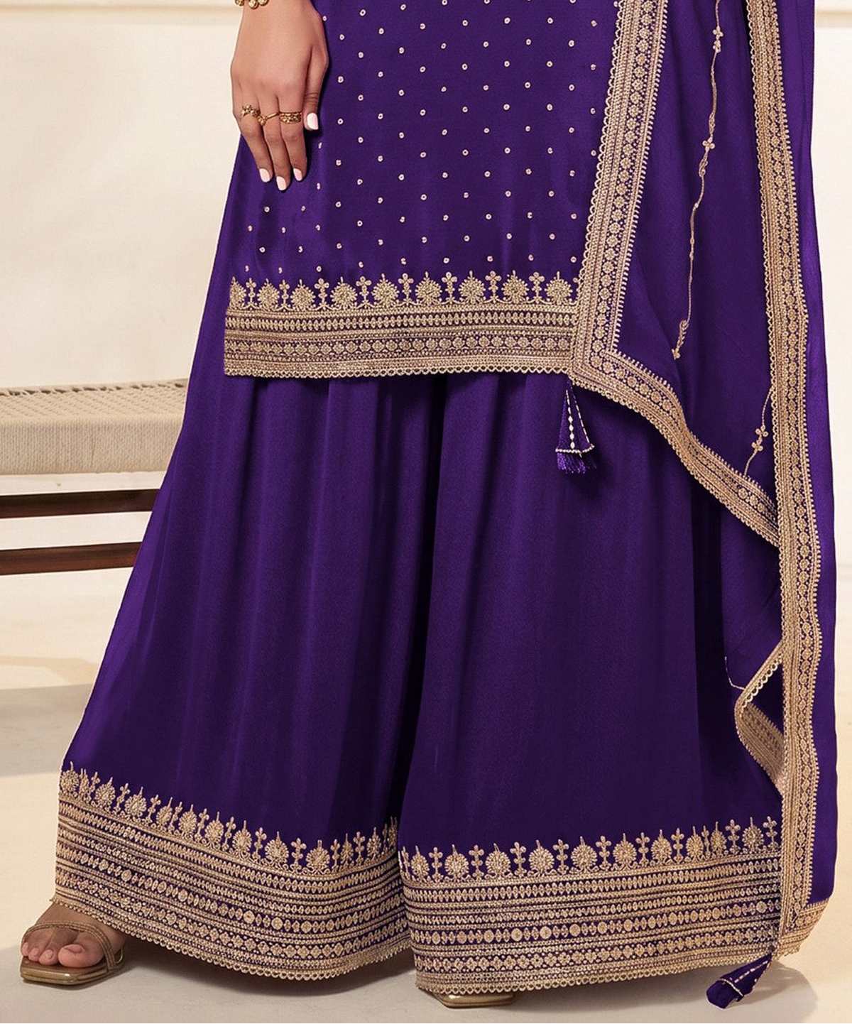 Back view of purple stitched kameez plazzo dress