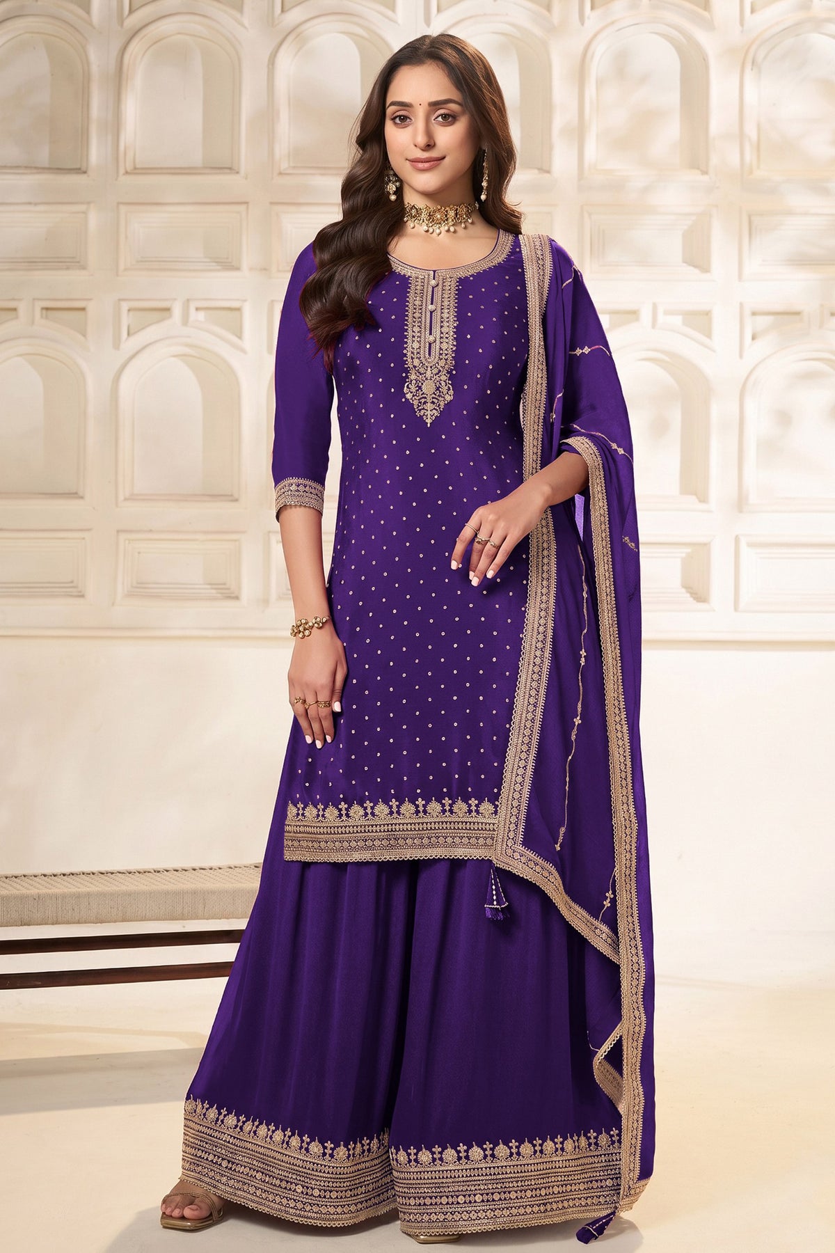 Purple stitched kameez plazzo dress with sequence work, front