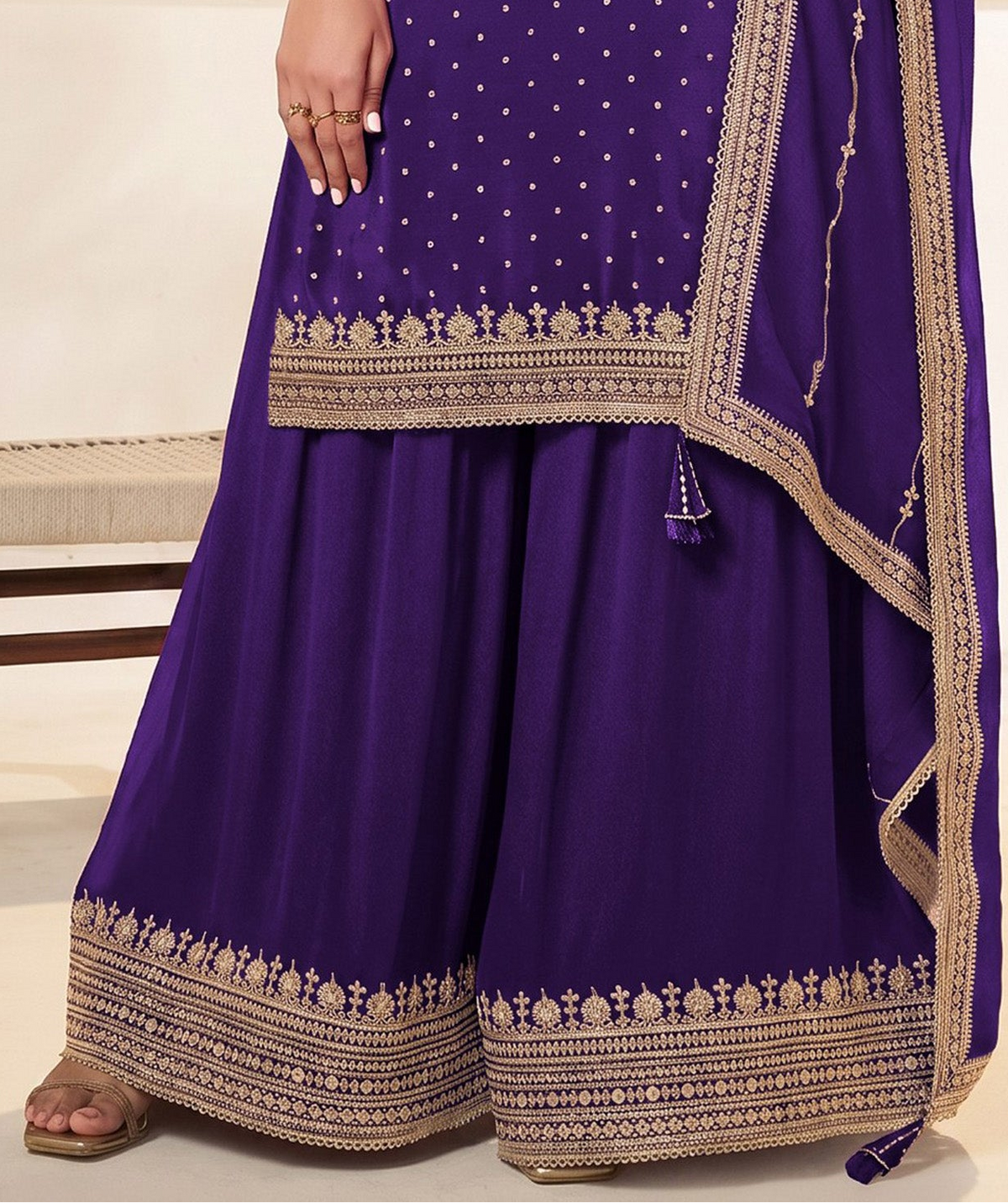 Back view of purple stitched kameez plazzo set