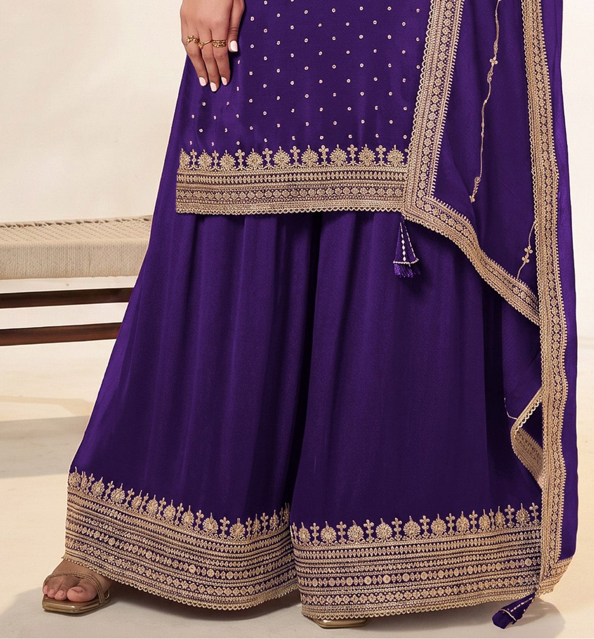 Sleeve embroidery detail on purple indian salwar kameez plazzo