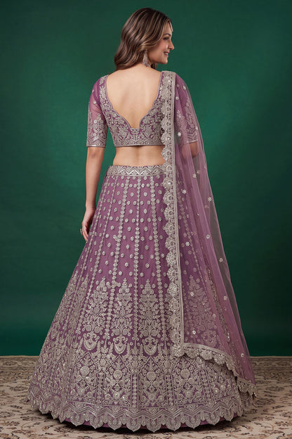 Purple lehenga choli back view with coordinated dupatta