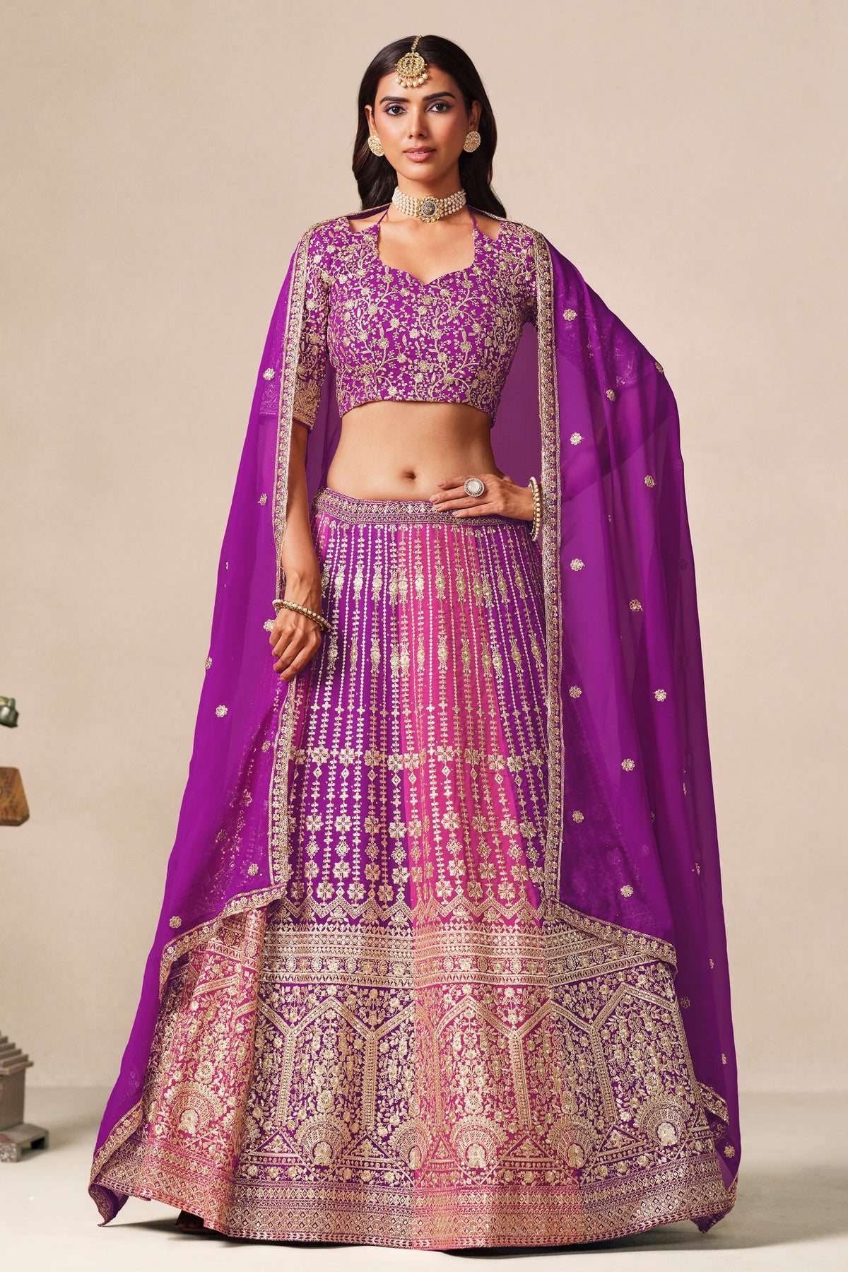 Purple lehenga choli with heavy embroidery front view