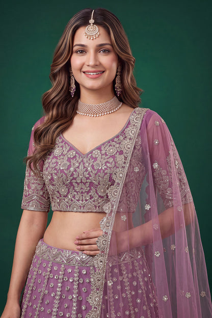 Sequence embroidery detail on purple lehenga