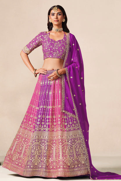 Hem detail of the purple embroidered lehenga skirt