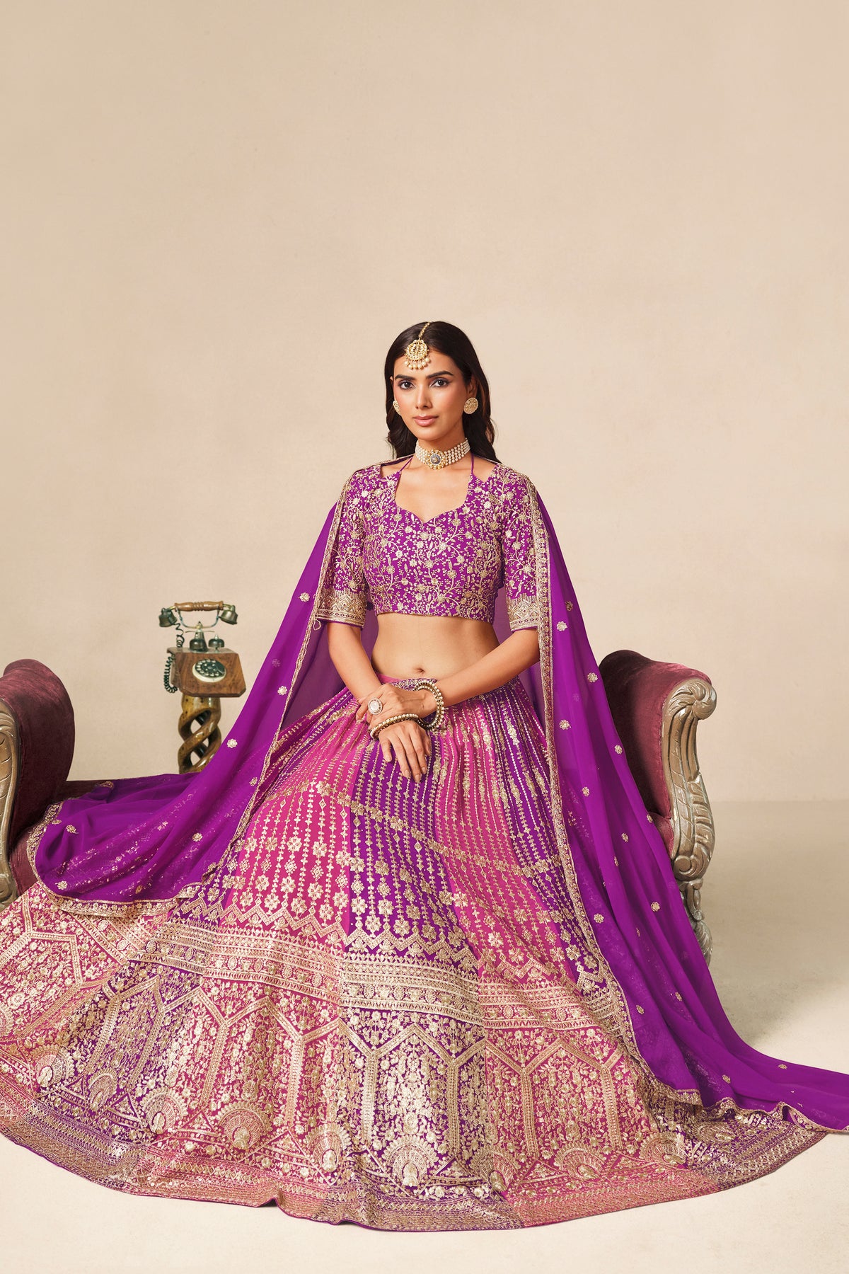 Purple lehenga skirt with matching embroidered blouse