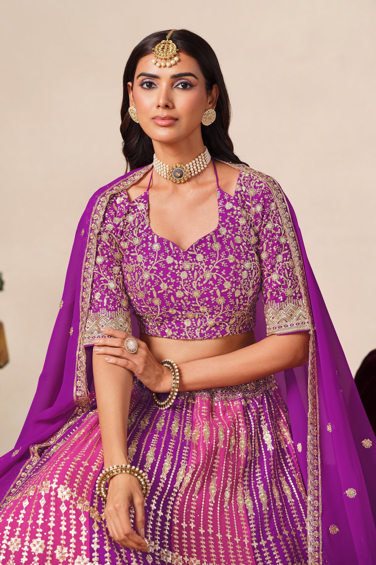 Purple dupatta detail from the lehenga choli set