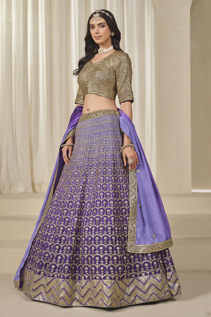 Purple Chinon silk lehenga with detailed embroidered skirt border