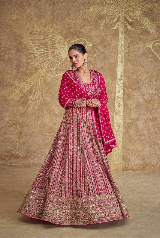 Pink Color Full Embroidery Worked India Wedding Women's Long Flared Anarkali Gown