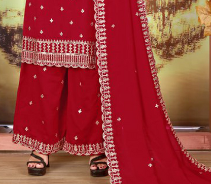 Red kameez plazzo suit with matching dupatta