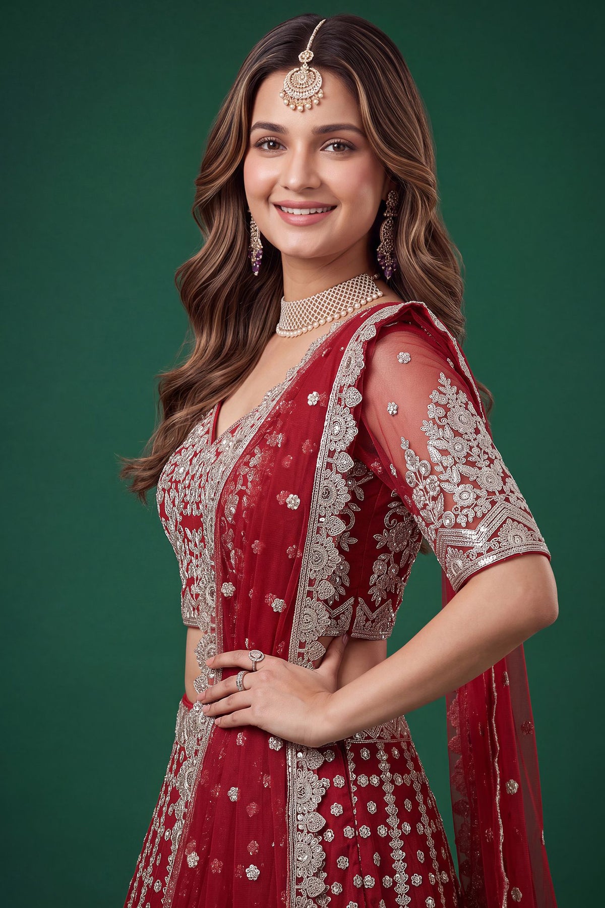 Red lehenga and choli with zari and dori embroidery