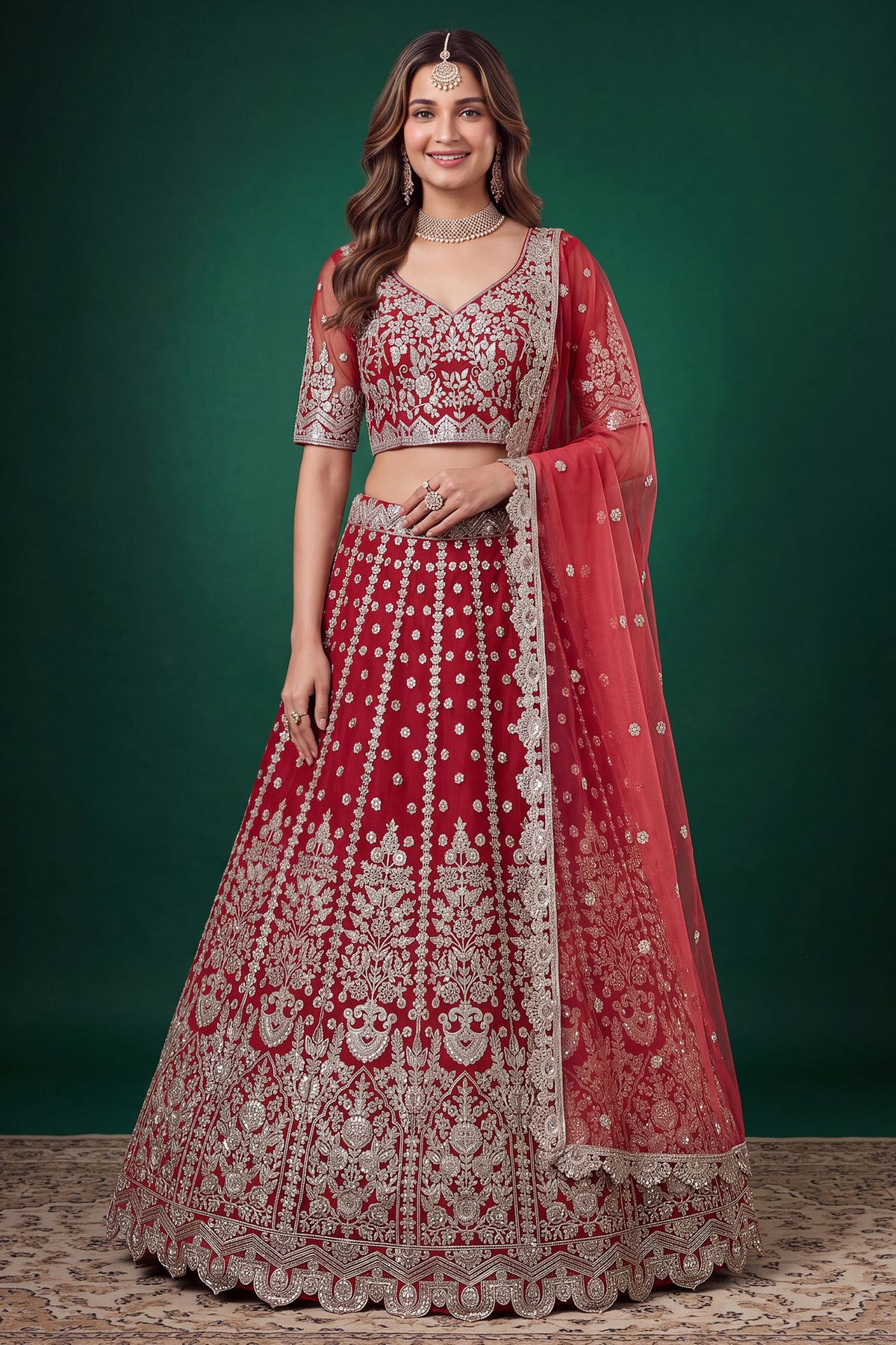 Red lehenga for wedding front view with embroidered choli