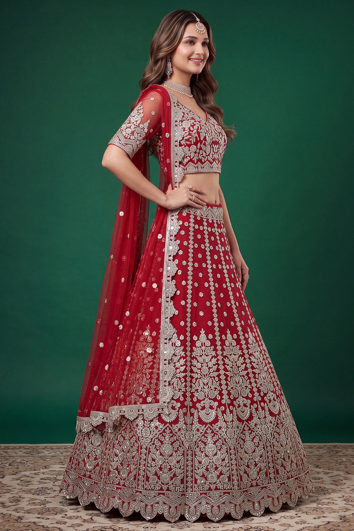 Red lehengha choli side view with dupatta