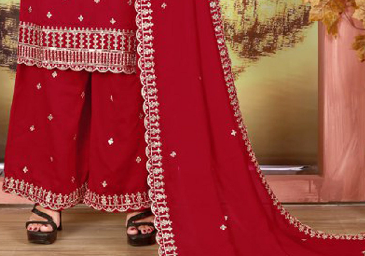 Red plazzo dress with embroidered top and matching dupatta
