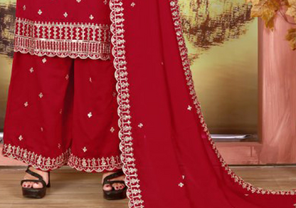 Red plazzo dress with embroidered top and matching dupatta
