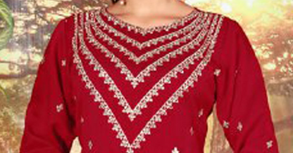 Red plazza pants outfit with glass Zarkan work