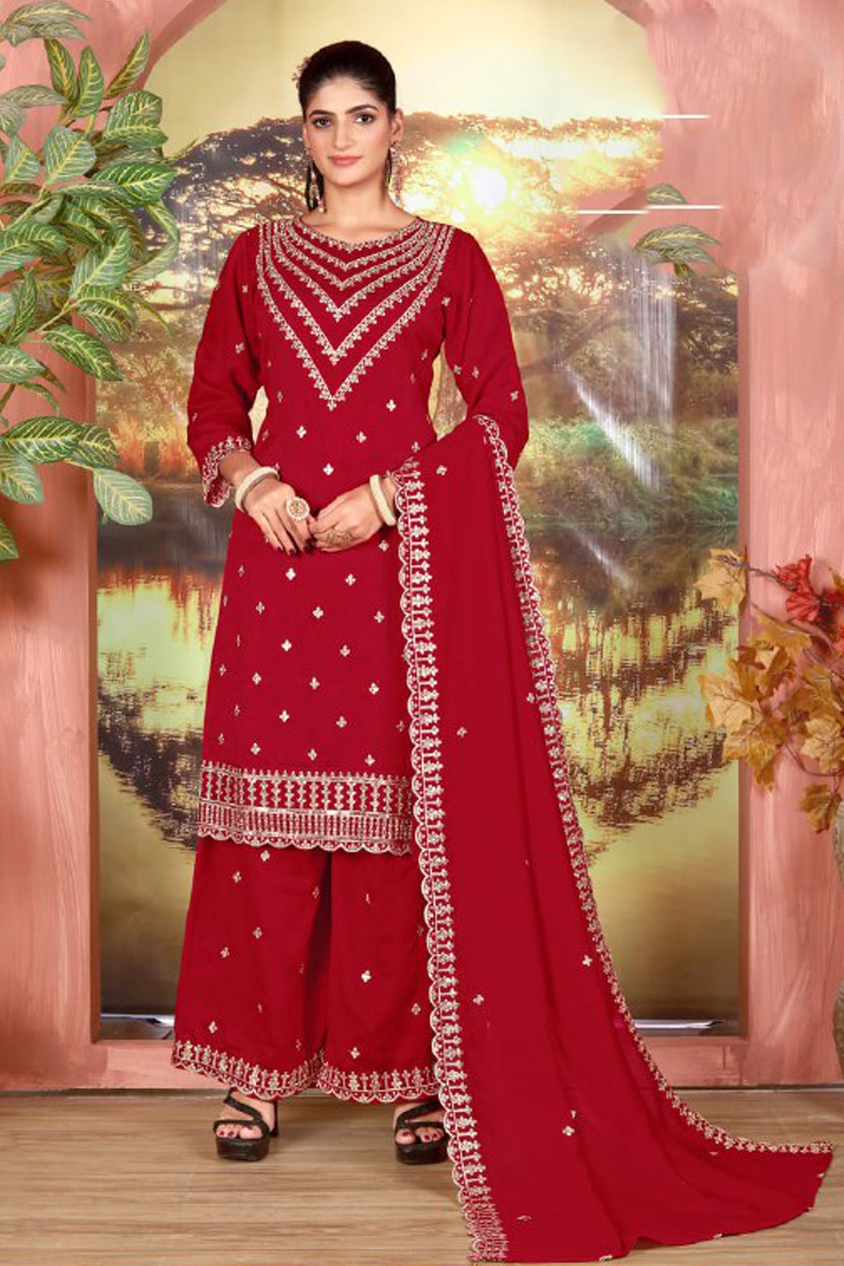 Red plazzo dress front view with embroidered top