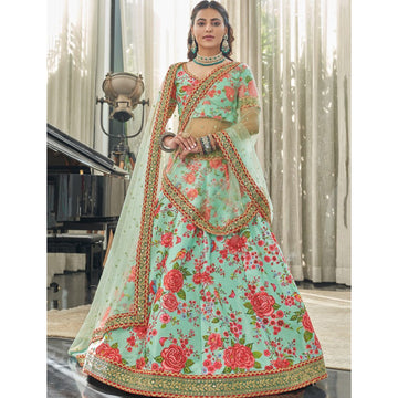 Net Mint Green Color Lehenga Choli Readymade Engagement Ceremonies Wear With Stone Work