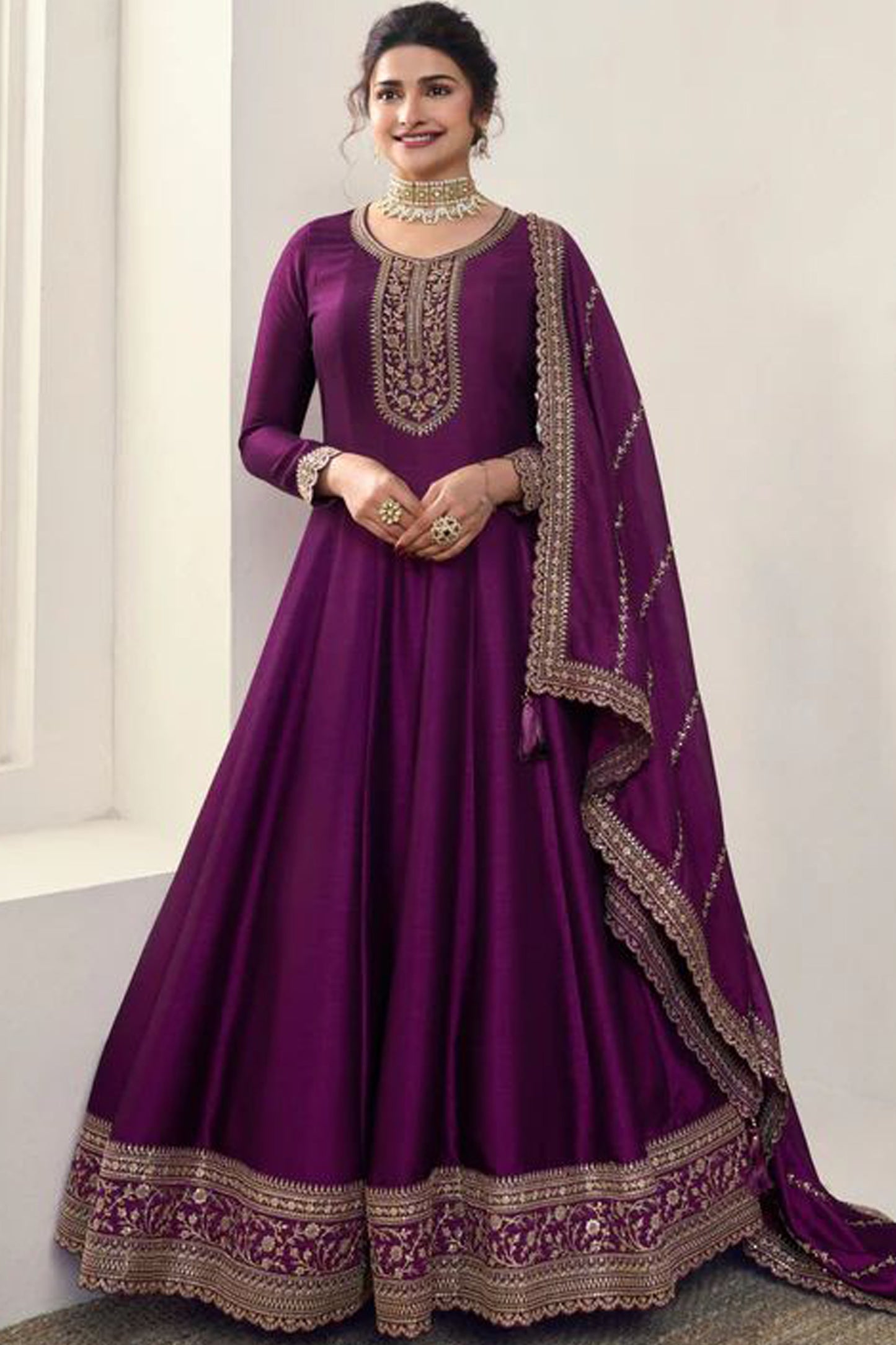 Wine Color Georgette Long Flared Anarkali Gown Pakistani Indian Women's Wear Designer Gown