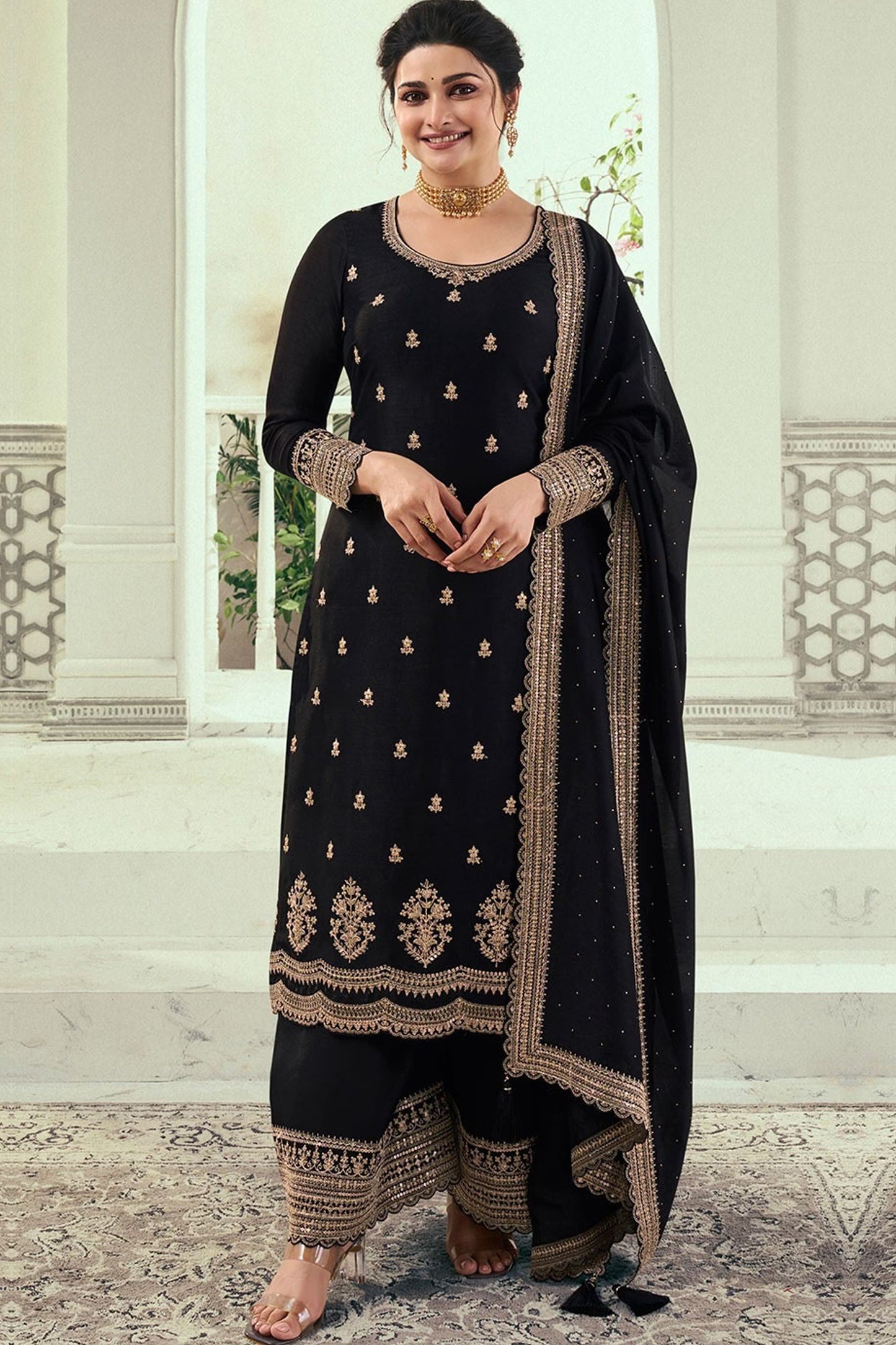 Georgette Fabric Wear Black Color Unique Design Salwar Kameez Plazzo Suits