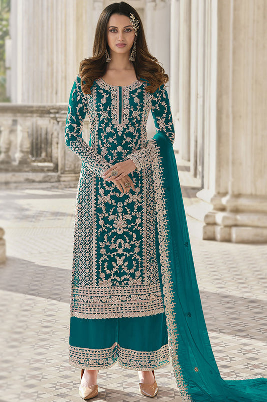 Net Fabric Wear Salwar Kameez Plazzo Suits Teal Blue Color Embroidery & Cording Work Dress