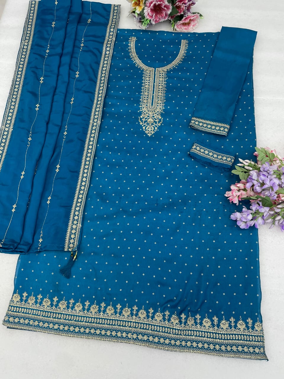 Dupatta embroidery border detail on sky blue plazzo dress