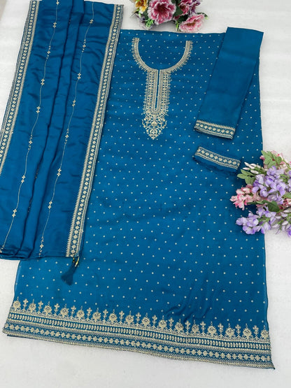 Dupatta embroidery border detail on sky blue plazzo dress