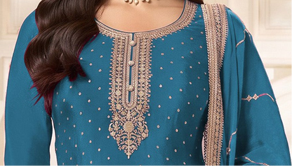 Close-up of coding and sequence work on sky blue kameez neckline