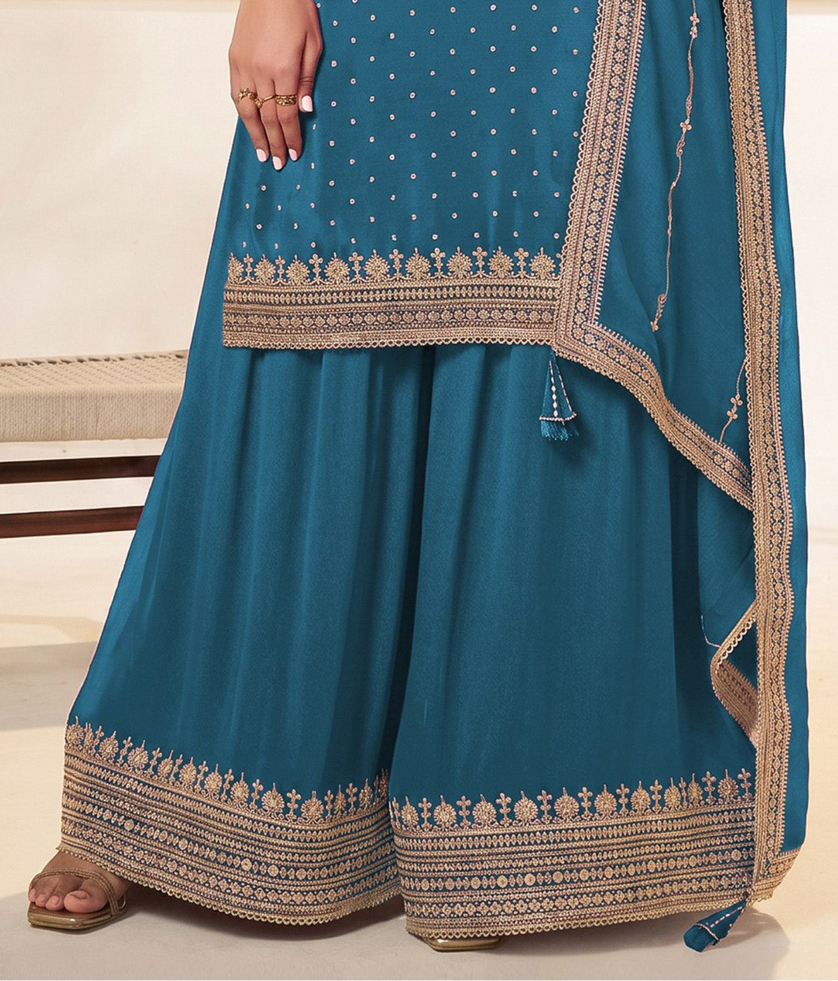 Back view of sky blue stitched kameez plazzo dress
