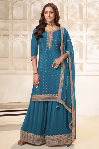 Sky blue kameez plazzo dress with heavy embroidery, front view