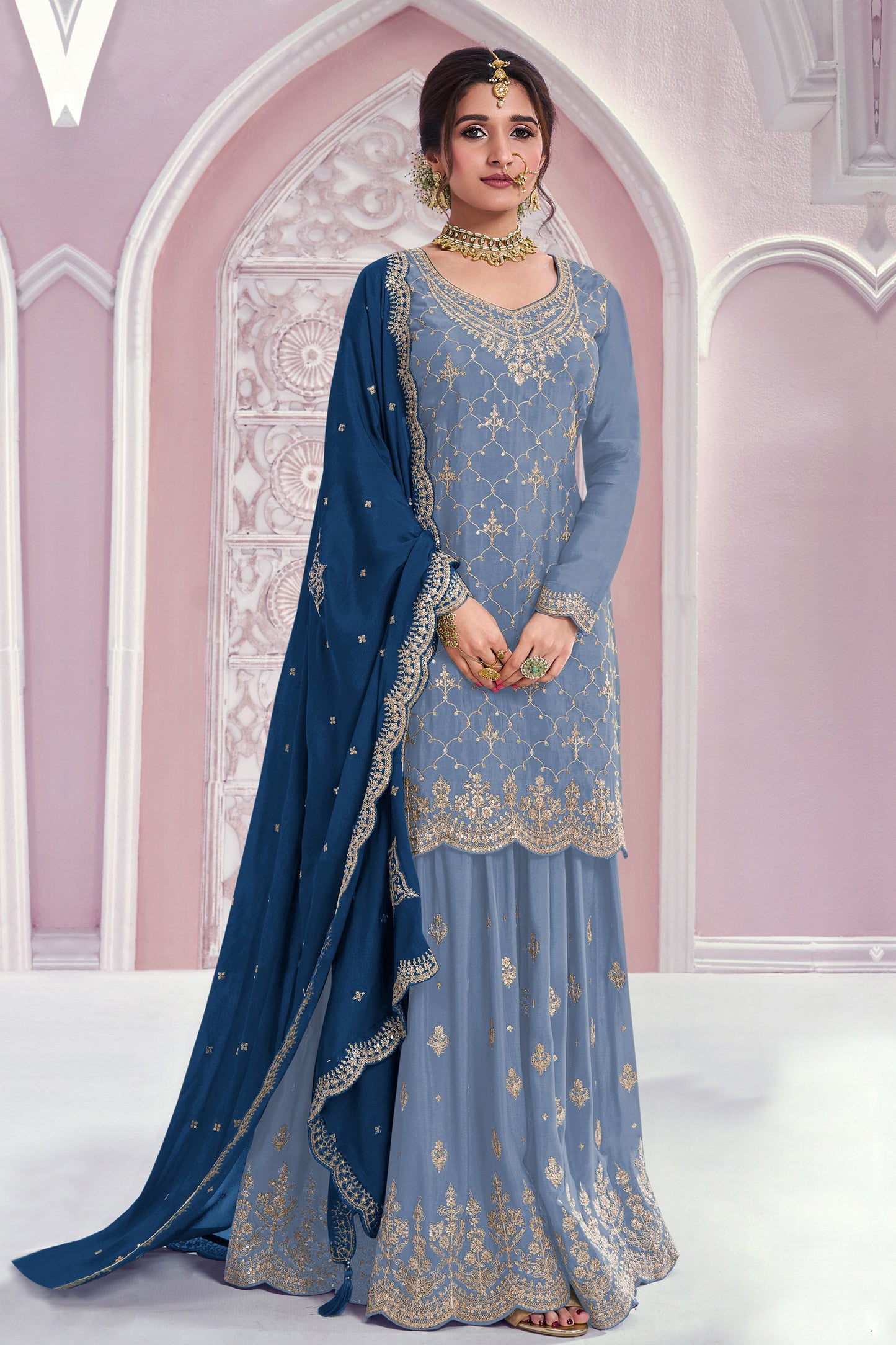 Sky blue palazzo suit for women front view with embroidery