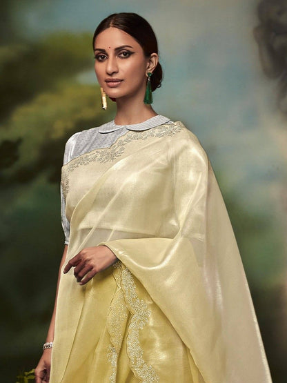 Improbabale Light Yellow Color Designer Silk Saree With Woven Work Blouse