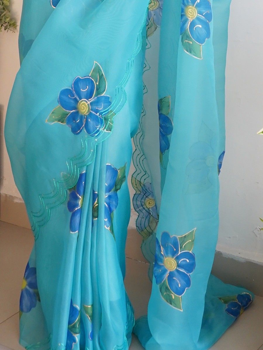 Pretty Sky Blue Color Digital Printed Organza Fabric Party Wear Saree