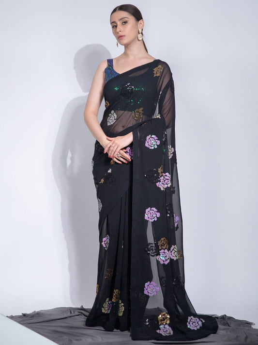 Ready To Wear Stylish Black Color Floral Printed Festival Wear Saree